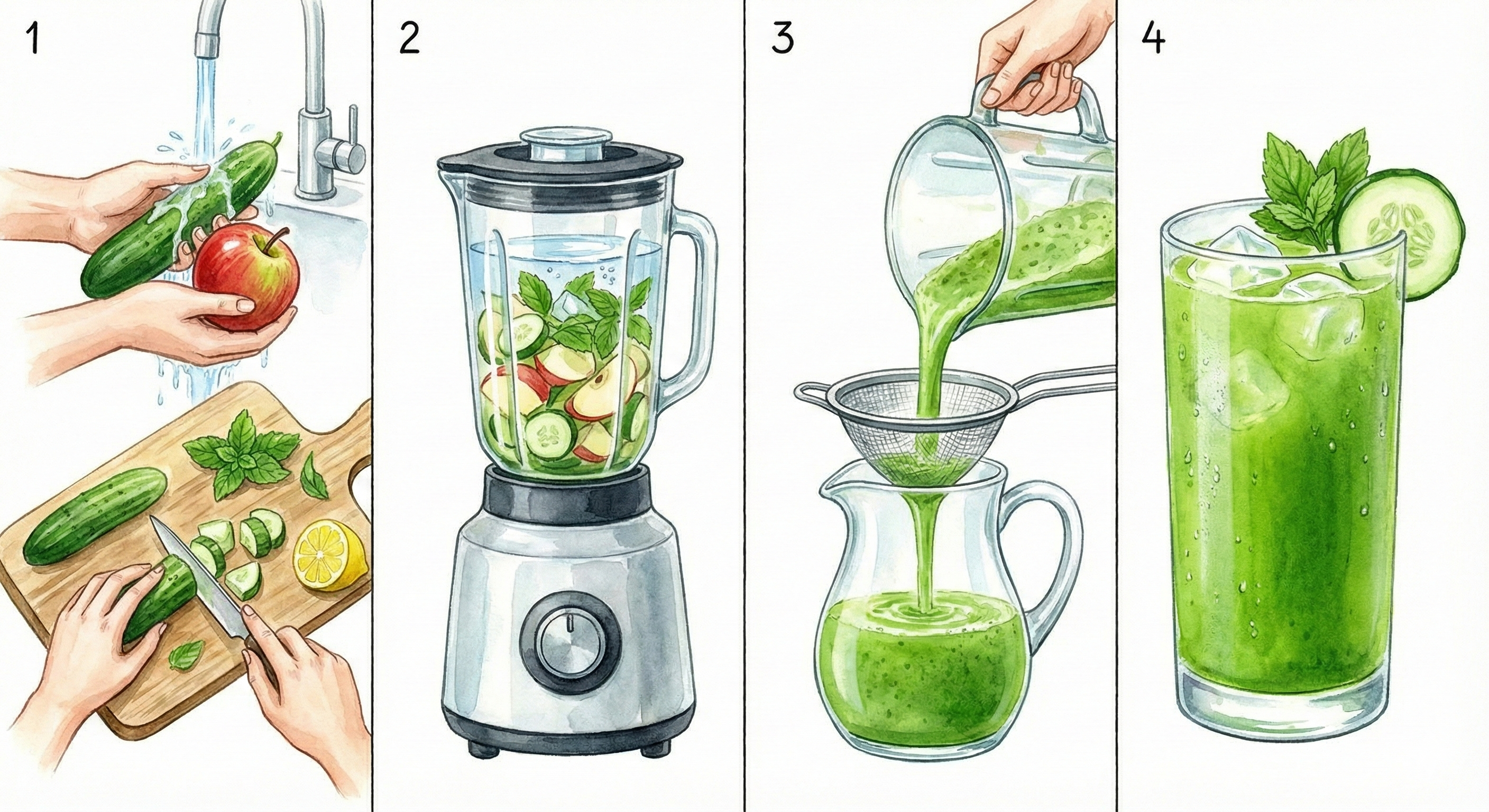 Sequential four part illustrated guide showing the preparation of a cucumber, apple, and mint smoothie, including arranging freshly sliced cucumber and apple on a wooden cutting board, blending the ingredients until smooth, straining the pulp for a refined texture, and serving the finished hydrating green smoothie in a tall glass filled with ice.