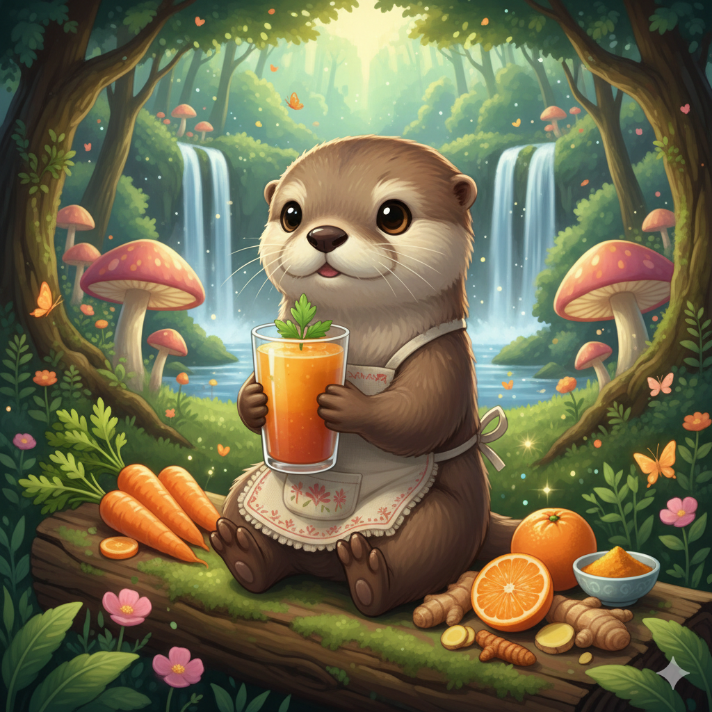 Image of detox carrot juice, in the forest, held by a cute anime-style otter with a lake in the background.