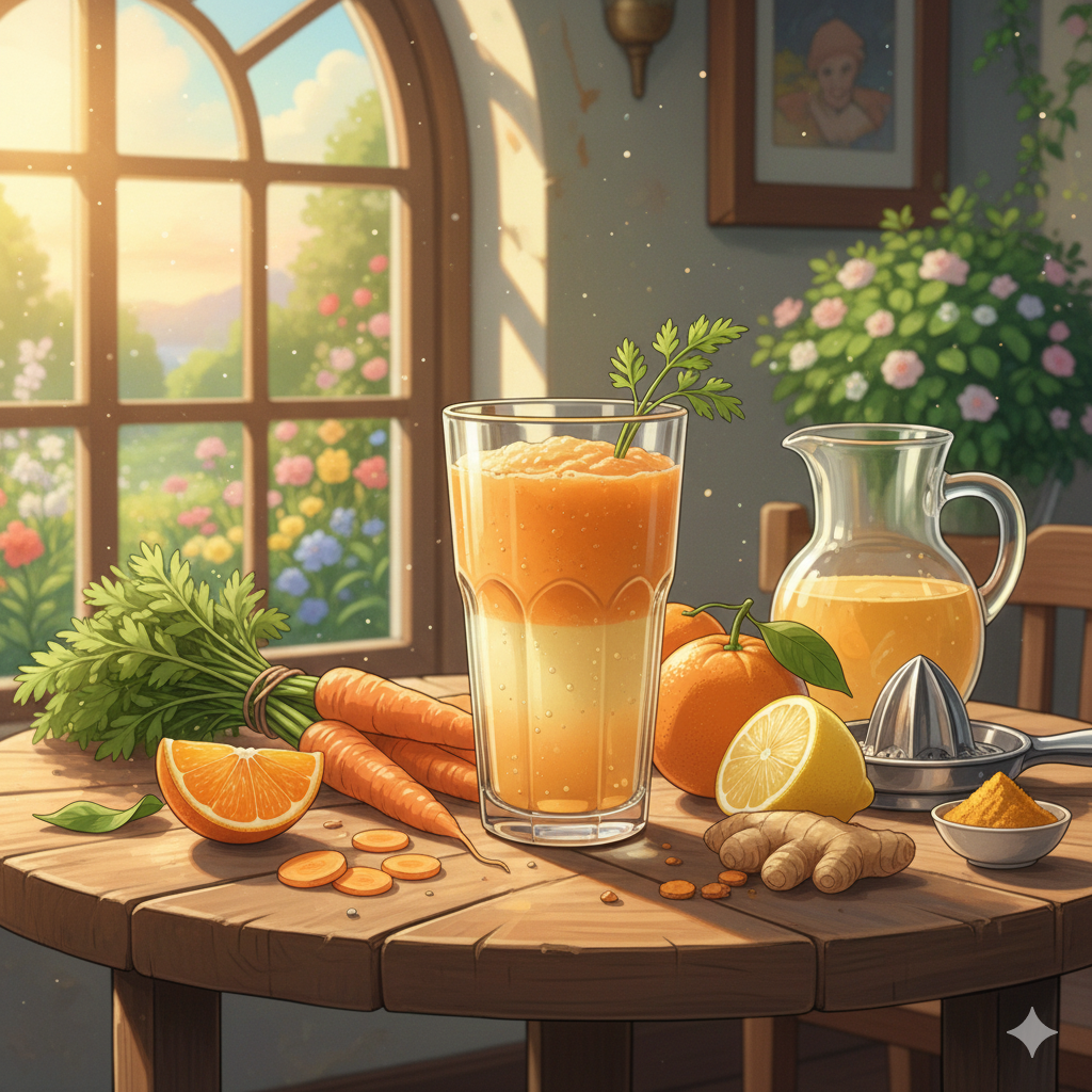 Image of detox carrot juice in a transparent glass on a wooden table, with carrots, ginger and oranges beside it, in anime style.