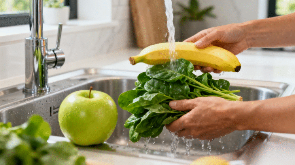 Fresh spinach leaves, green apple, and banana being washed and prepared for a healthy detox smoothie recipe