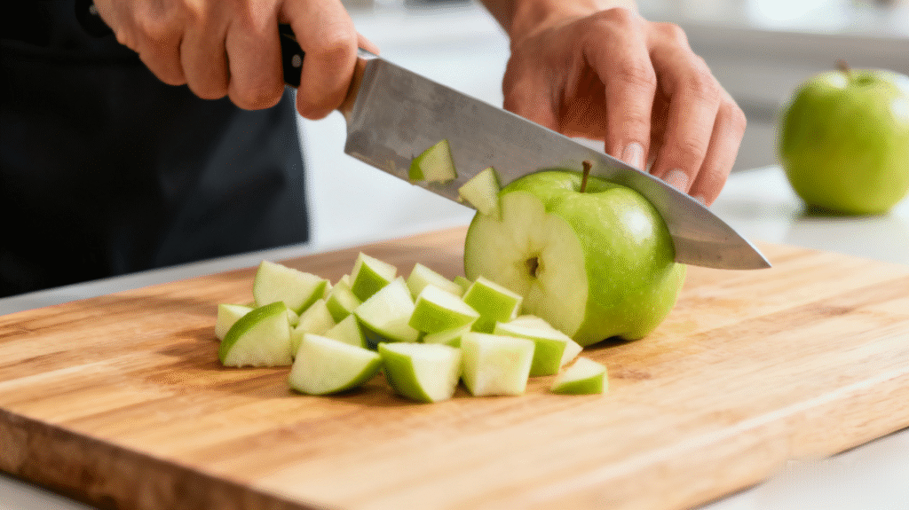 Sliced green apple and banana arranged on a cutting board for an easy morning detox smoothie