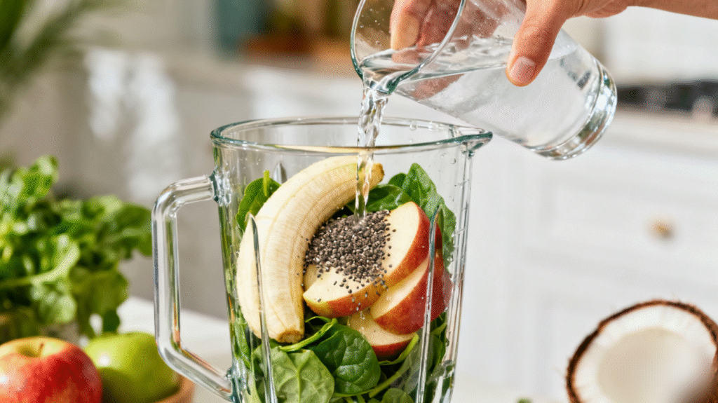 water being poured into a blender filled with fresh fruits and greens for a detox smoothie