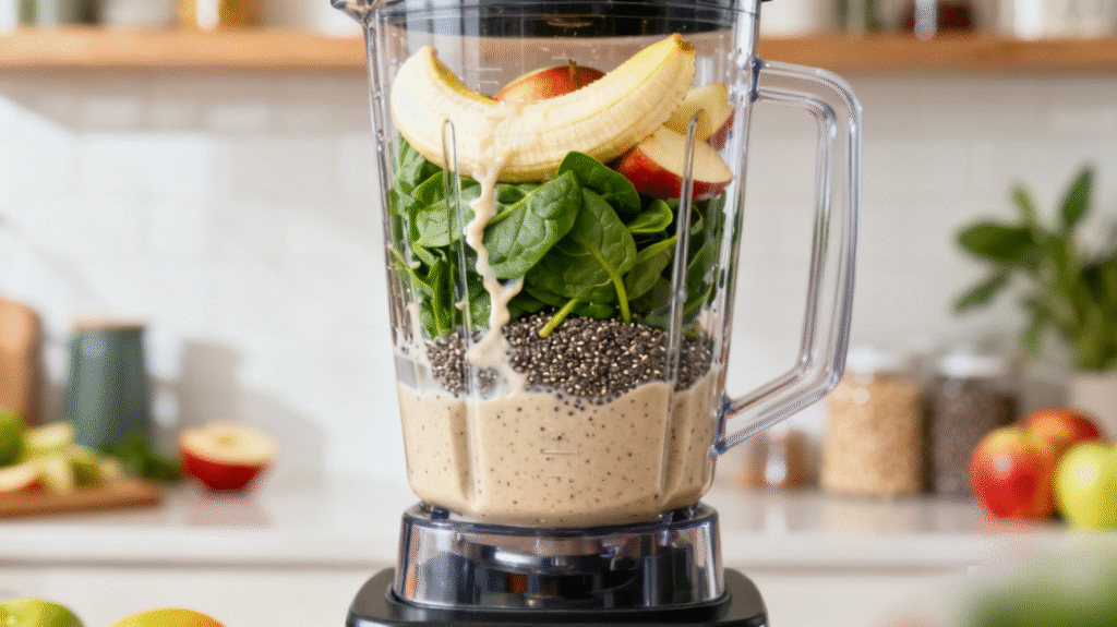 Blender mixing green fruits and vegetables into a smooth detox drink for breakfast