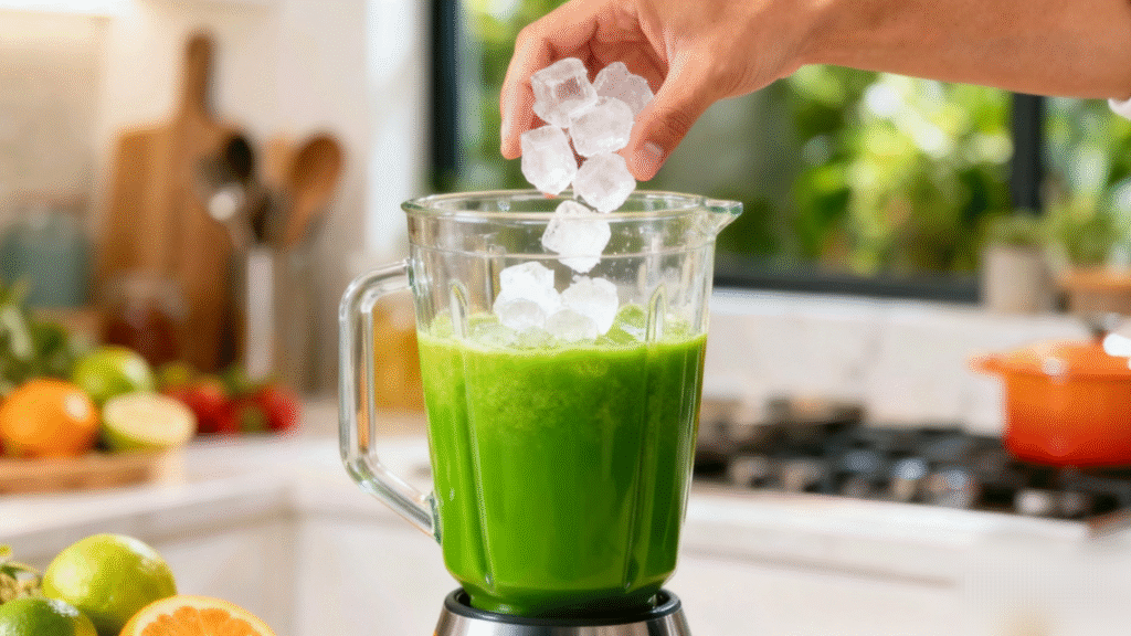 ice cubes are added to the detox smoothie.