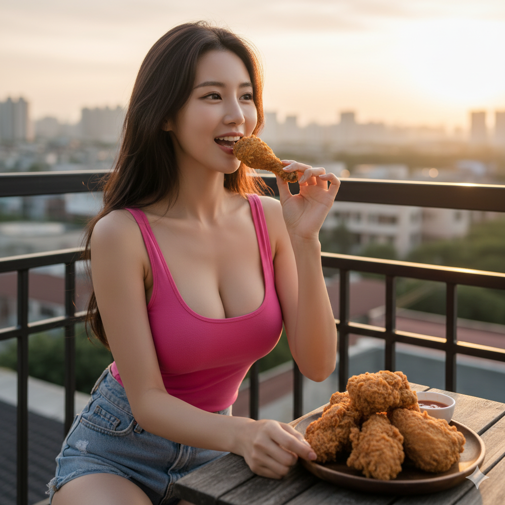 Eating crispy fried chicken on the apartment balcony.