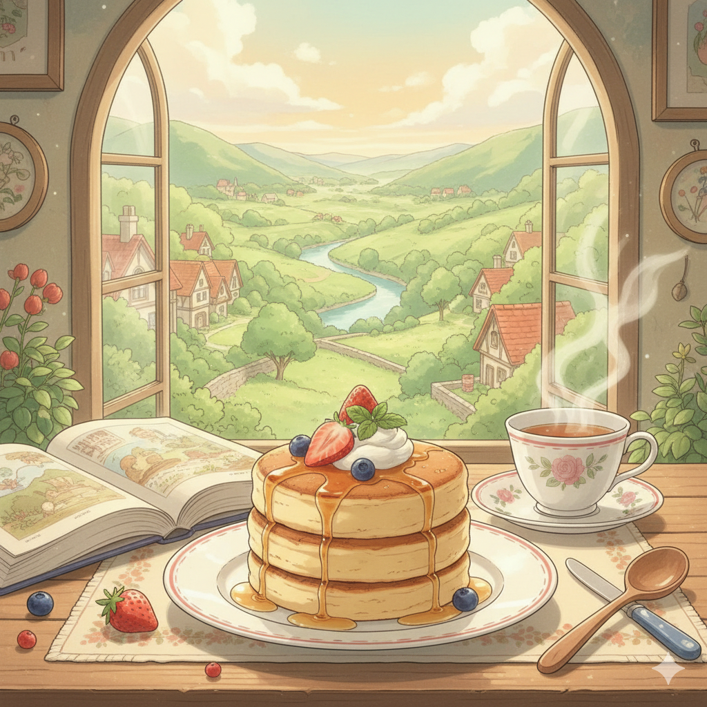 Front view, Japanese pancake, anime style illustration, with a window background showing a beautiful village view.