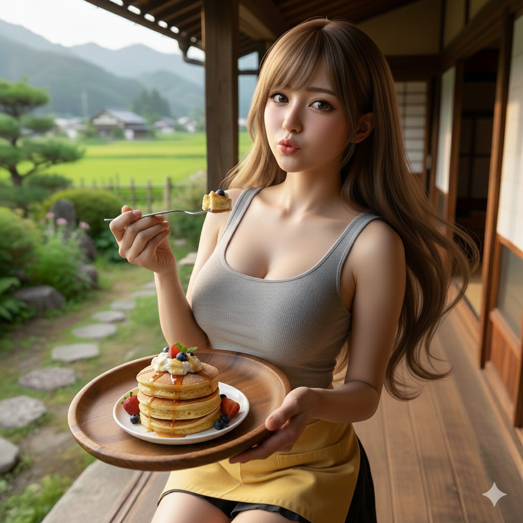 A young Japanese woman wearing a gray tanktop and yellow skirt holds a wooden plate of caramelized banana bites on a rural veranda