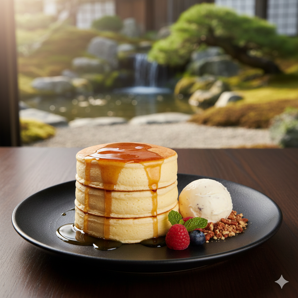 Front view, Japanese pancakes, with ice cream, and berries, and drizzled with honey, with a fish pond with an artificial waterfall in the background.