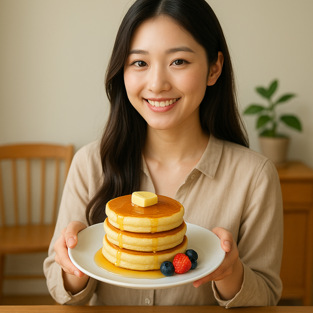 Elegant Japanese woman holding a plate of fluffy Japanese pancakes with butter and syrup on a wooden dining table in a warm, natural dining room.
