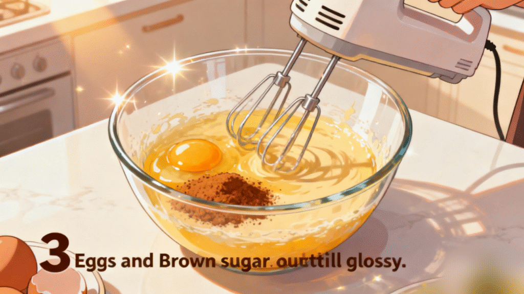 Whisking eggs and brown sugar in a mixing bowl until smooth and glossy, base mixture for Food for the Gods cake