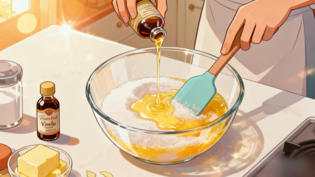 Melted butter and vanilla extract being mixed into egg and sugar mixture, creating rich batter for holiday loaf cake