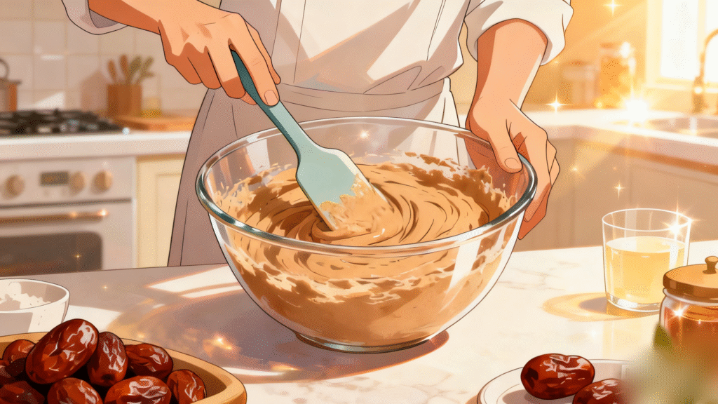 Softened dates being folded into cake batter, adding natural sweetness and chewy texture to Food for the Gods recipe