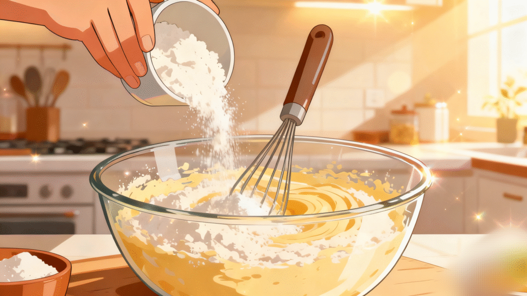 All purpose flour and salt being added to the batter, gently mixed to form smooth Food for the Gods cake batter