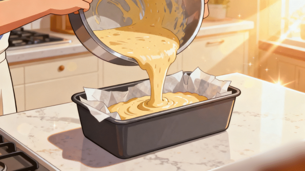 Food for the Gods cake batter poured into a lined loaf pan, ready for baking in the oven