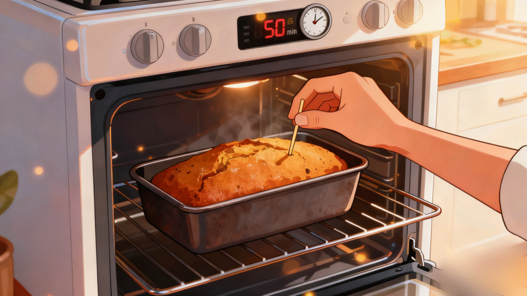 Food for the Gods loaf baking inside oven, golden brown surface forming during baking process