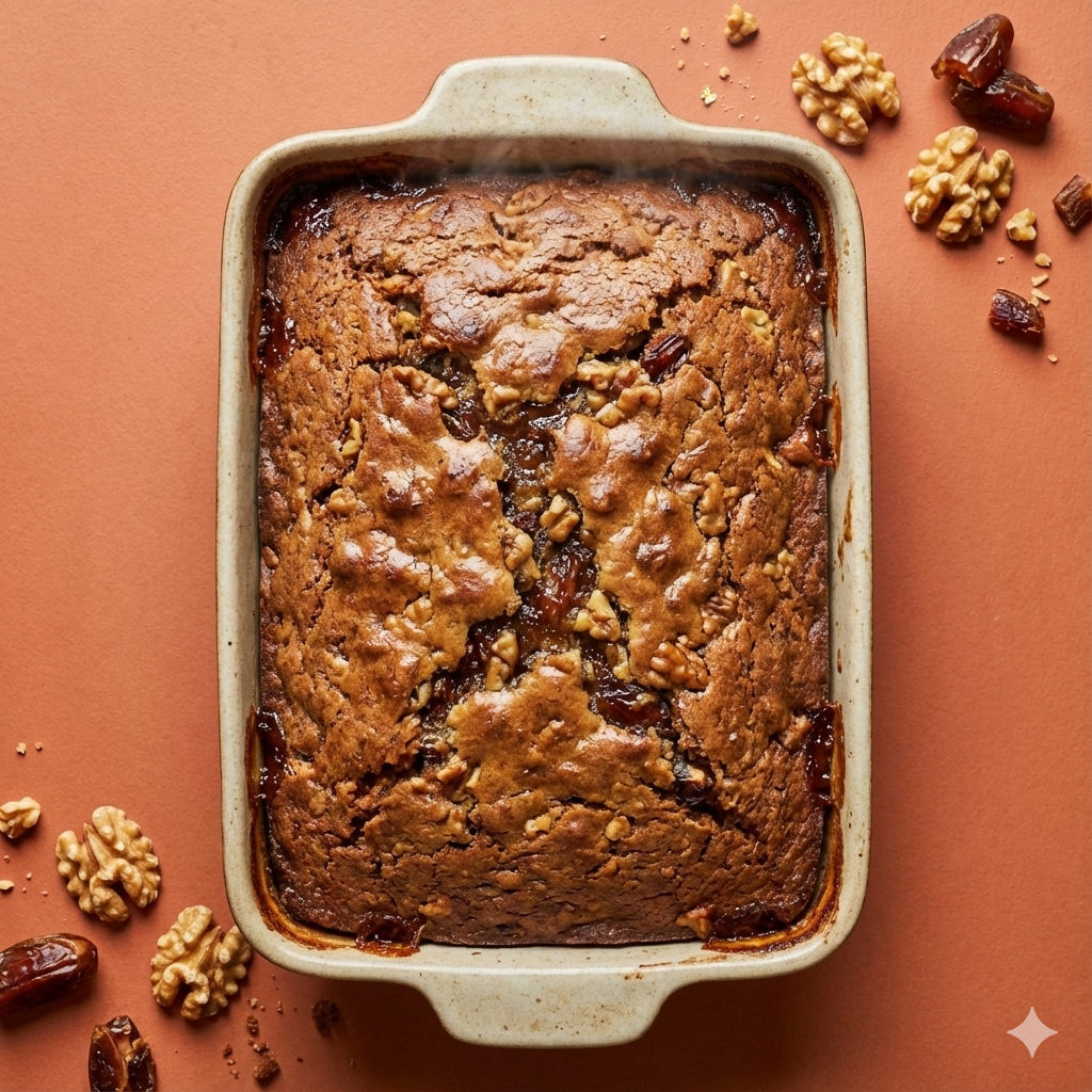 Freshly baked Food for the Gods served as a whole moist loaf with jam-like texture, warm bakery lighting, appetizing dessert close-up