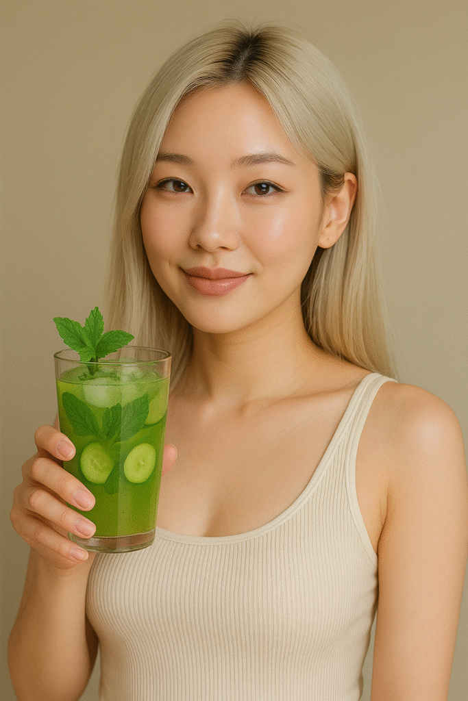 Beautiful Korean woman holding a glass of fresh mint detox juice with cucumber and mint garnish, showcasing a refreshing healthy green drink in a minimal aesthetic style