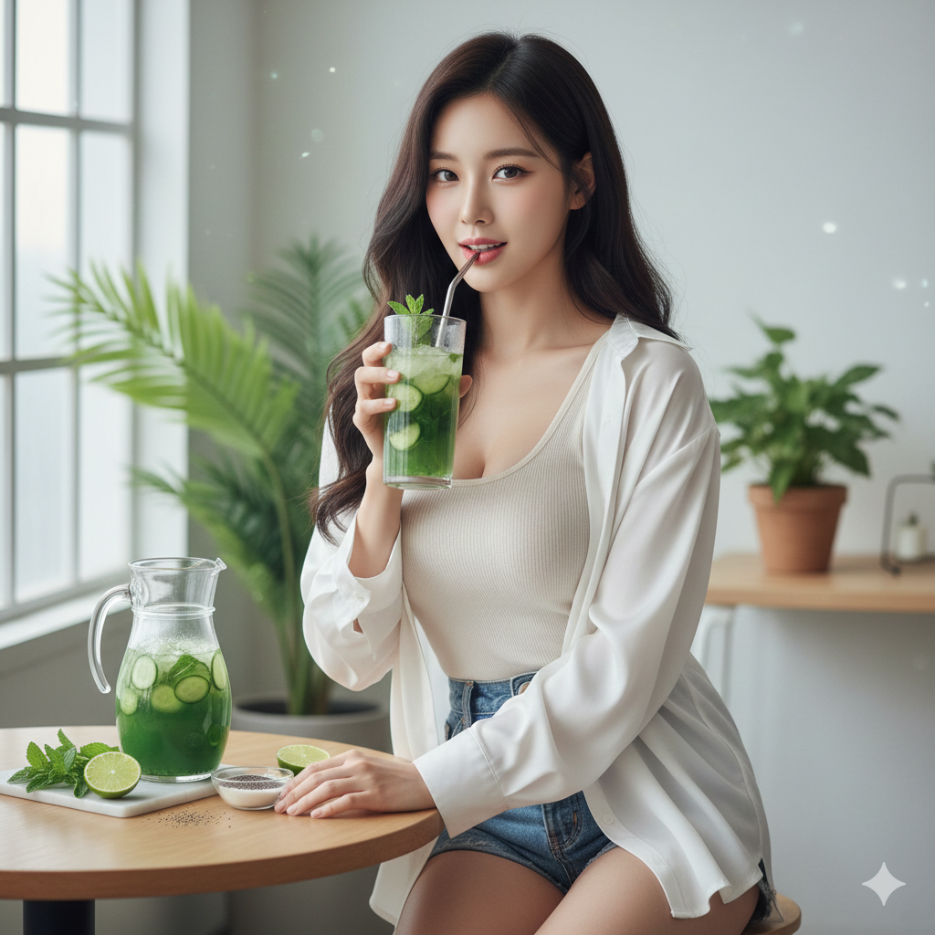 Beautiful Korean idol style portrait holding a refreshing mint detox beverage, fashion and wellness lifestyle photography