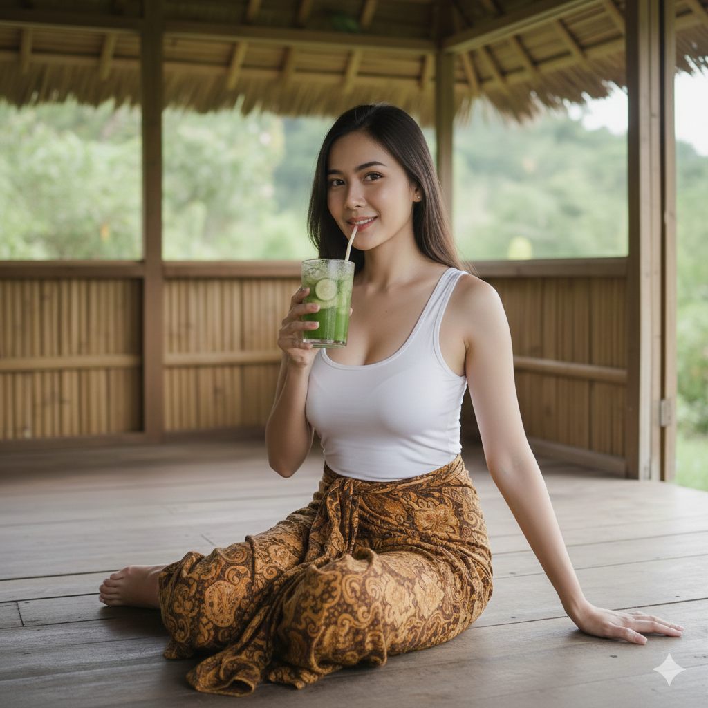 Beautiful woman posing with a healthy mint detox blend drink, wearing casual tank top and traditional Jarik