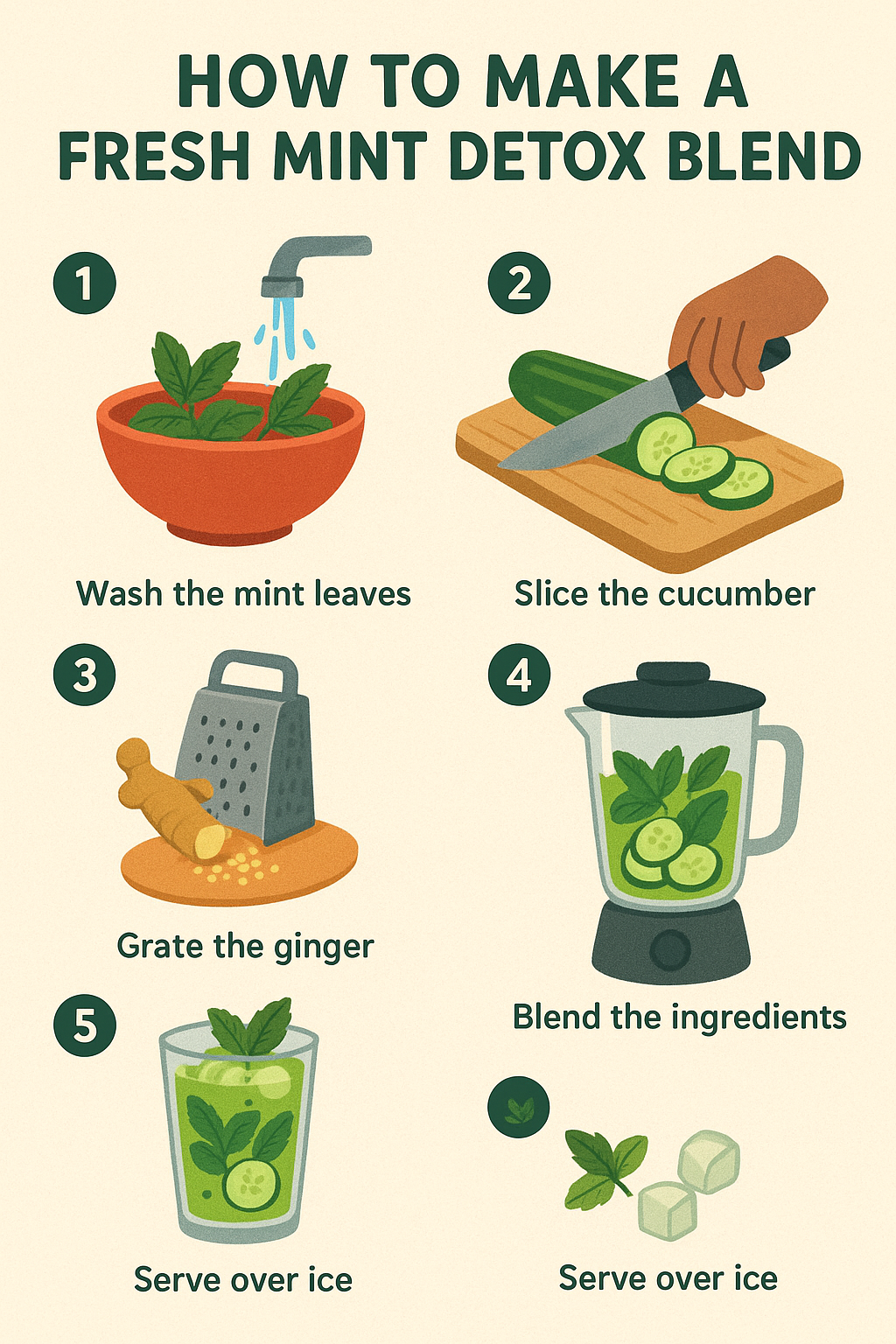 Step-by-step poster illustration showing how to make fresh mint detox blend using mint leaves, cucumber, ginger, lime, and a blender in a clean modern kitchen style