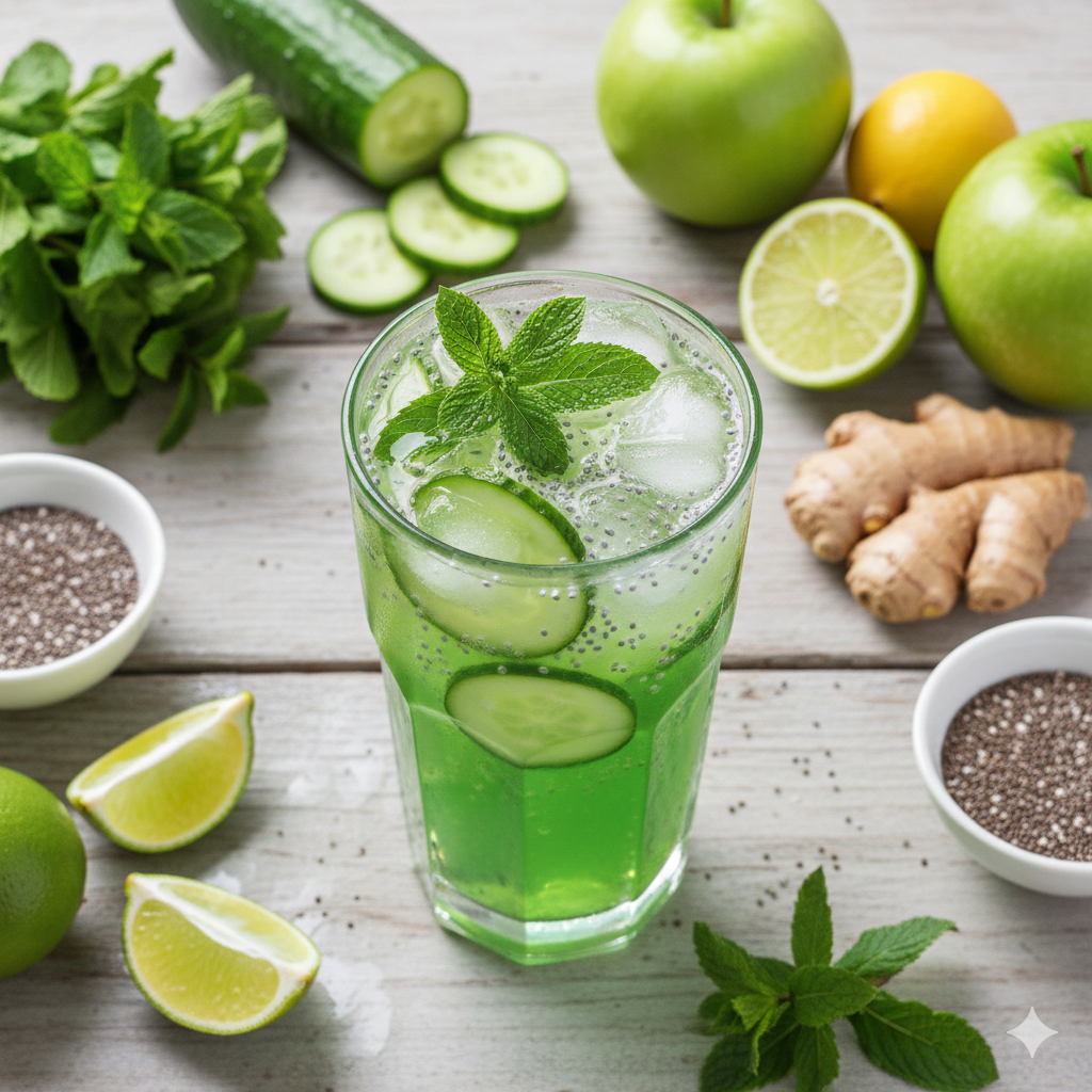Top view photography of fresh mint detox blend with green leaves and lemon slices, refreshing summer drink background