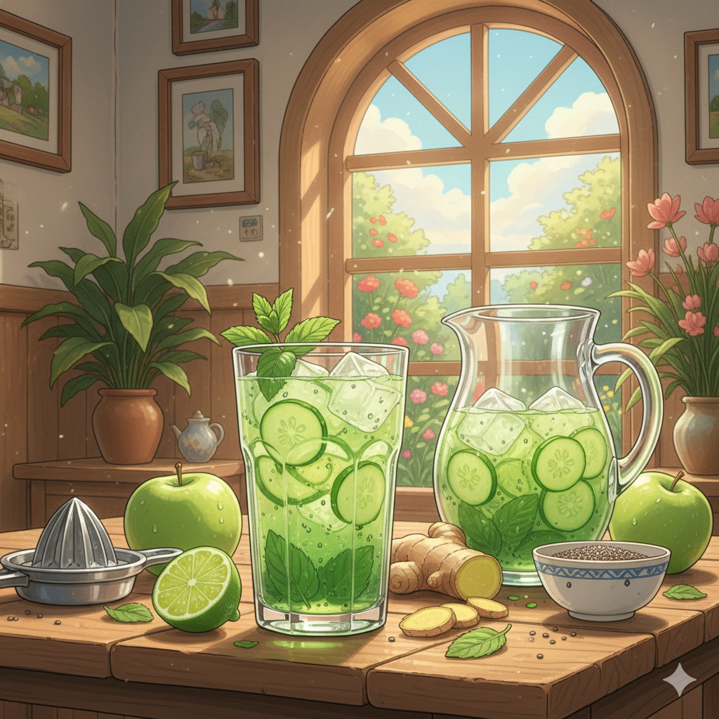 Anime art style illustration of a cold mint detox drink, nostalgic and relaxing atmosphere without characters