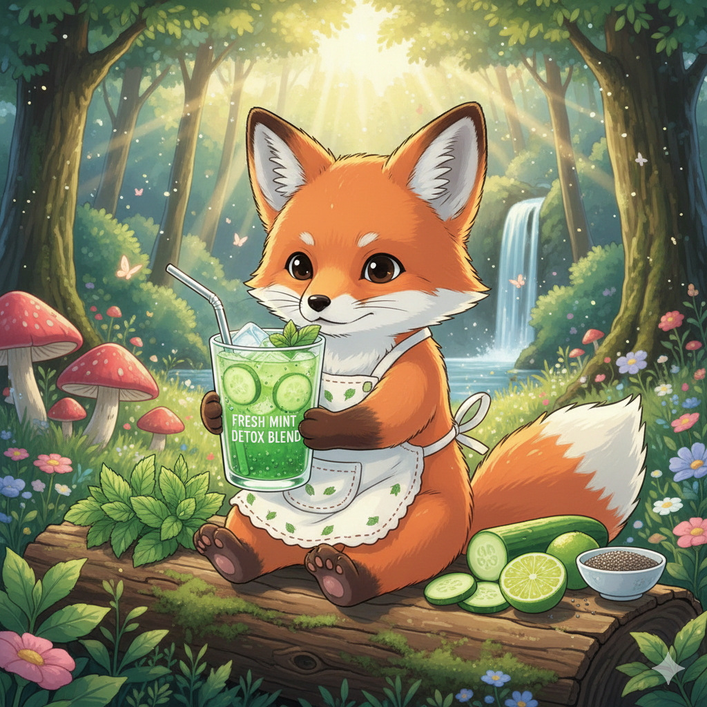 Cute little fox holding a glass of green mint detox juice in a magical forest, fantasy animal illustration