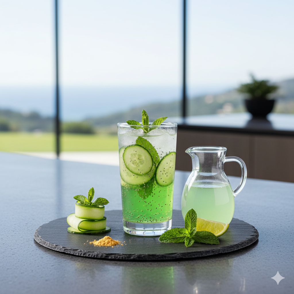 Artistic cinematic shot of a fresh mint detox blend drink, high-quality culinary photography with aesthetic lighting