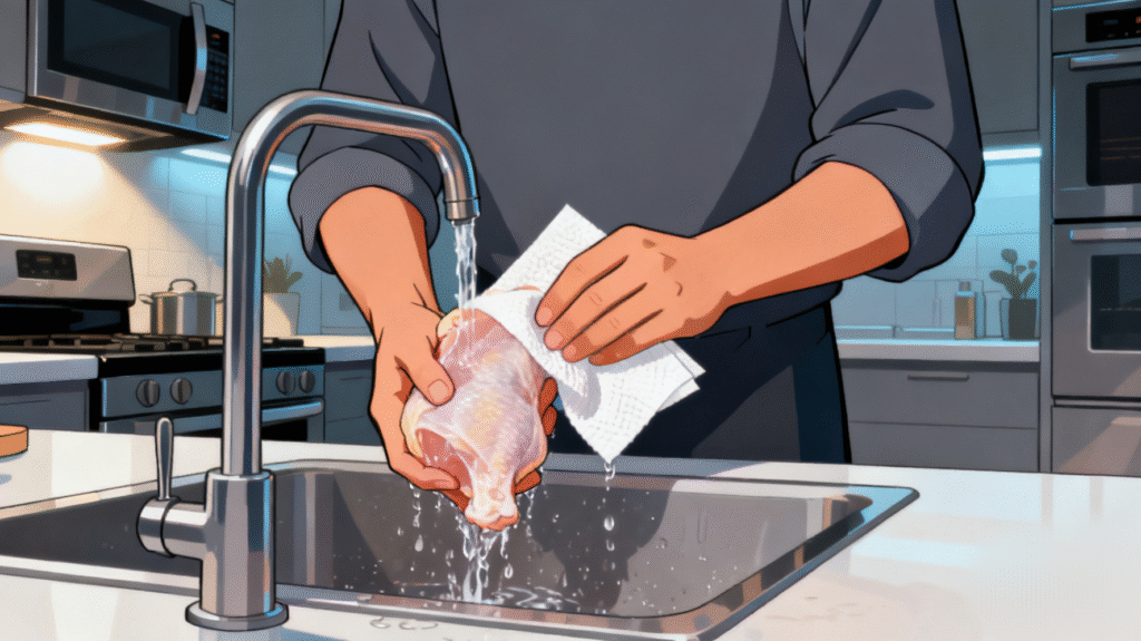 Raw chicken pieces cleaned and patted dry on a kitchen counter before seasoning