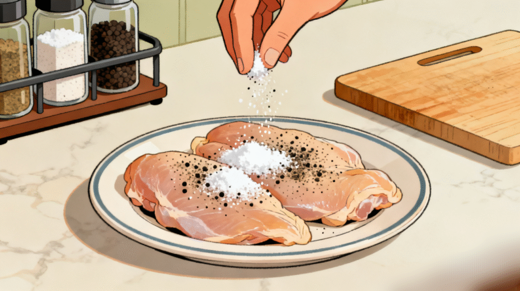 Chicken pieces being seasoned evenly with salt and black pepper in a mixing bowl