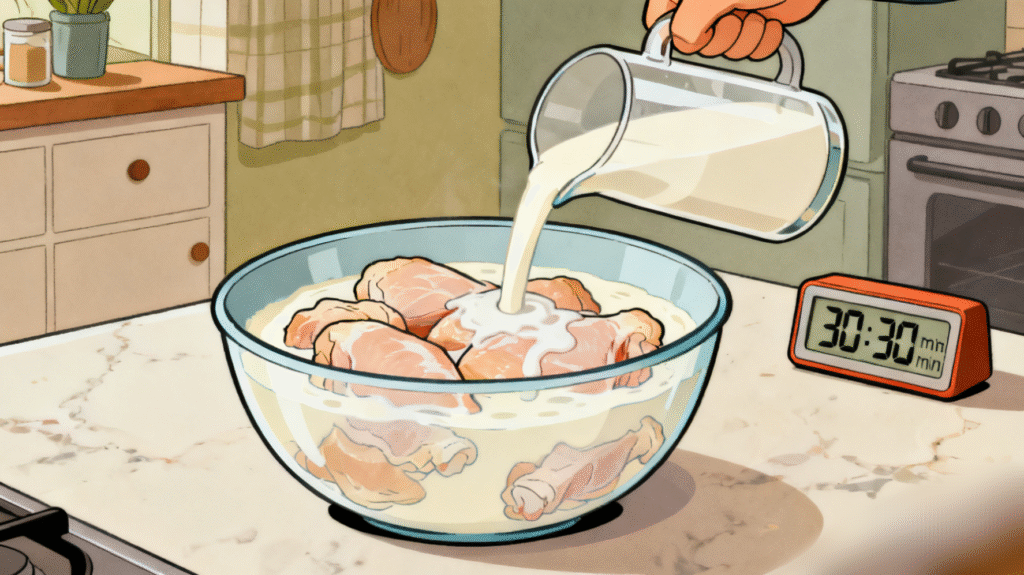 Chicken soaked in buttermilk marinade to make the meat tender and juicy