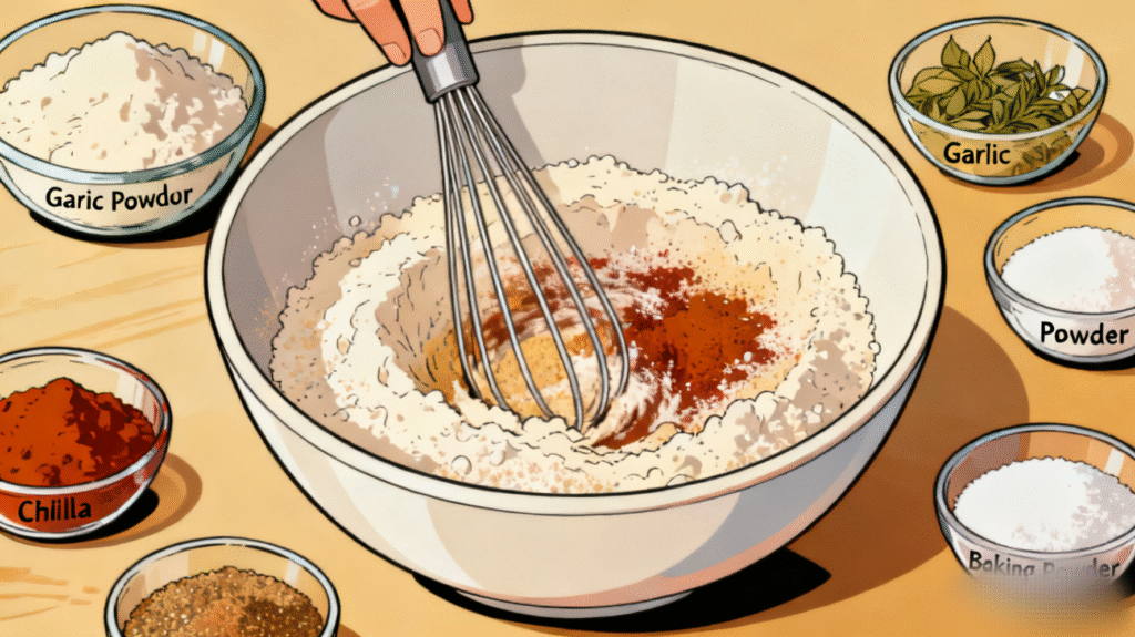 All-purpose flour mixed with spices in a bowl for crispy fried chicken coating