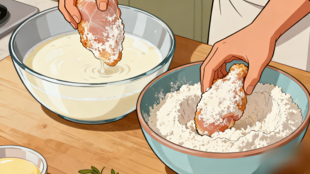 Chicken pieces being coated in seasoned flour for a crunchy outer layer