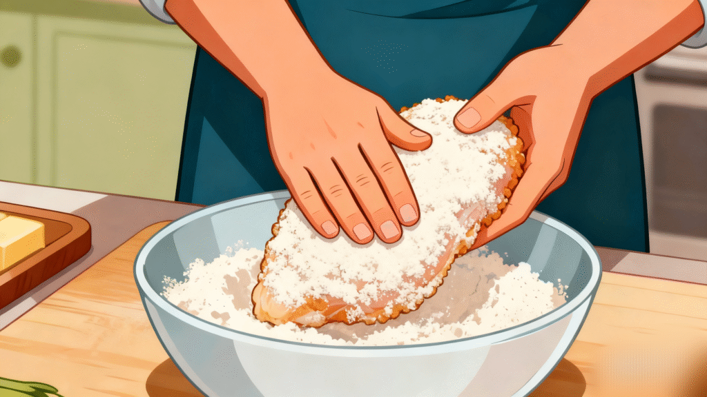 Flour-coated chicken resting briefly on a tray before frying