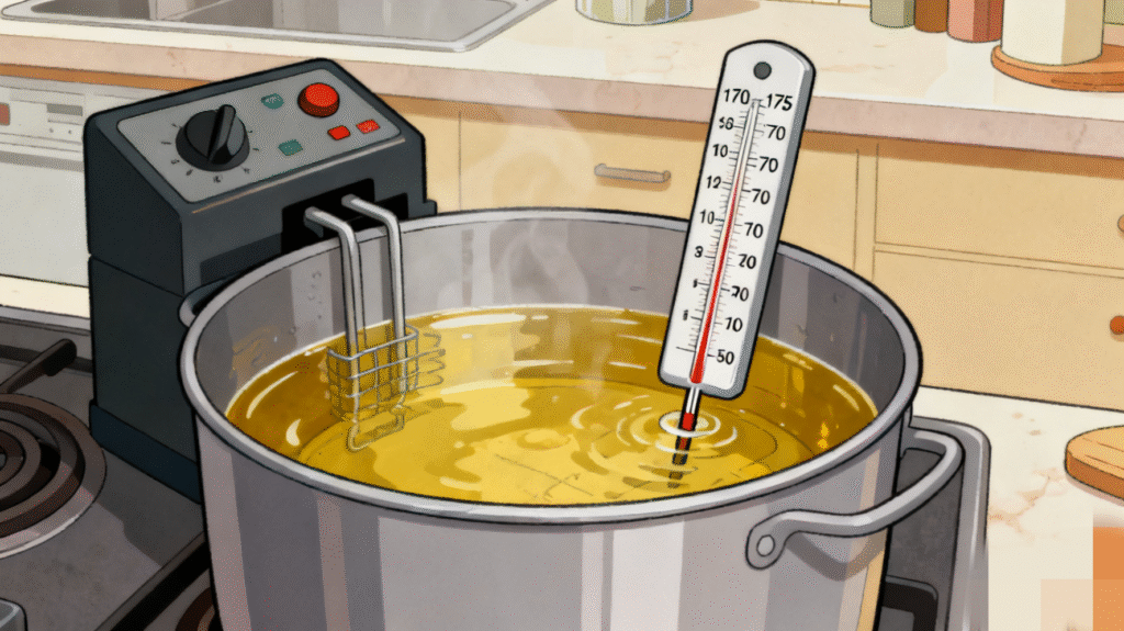 Vegetable oil heating in a frying pan ready for deep frying chicken