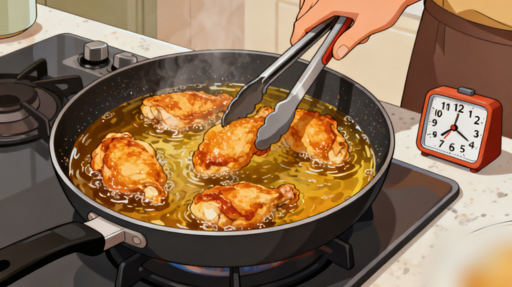 Chicken pieces frying in hot oil until golden brown and crispy