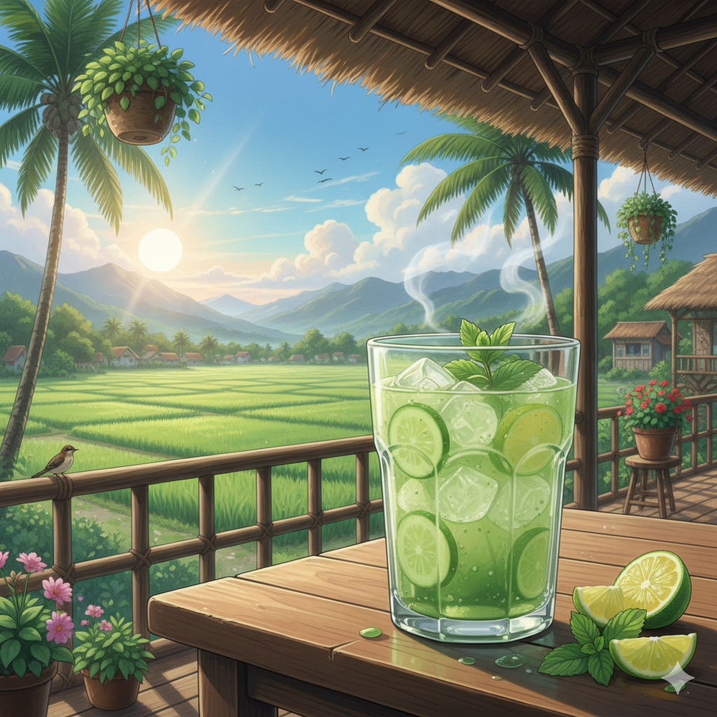 Aesthetic anime inspired artwork of icy cucumber juice with translucent green color and floating mint leaves, glowing softly under warm diffused light, featuring lush vibrant greens and a calm relaxing atmosphere.