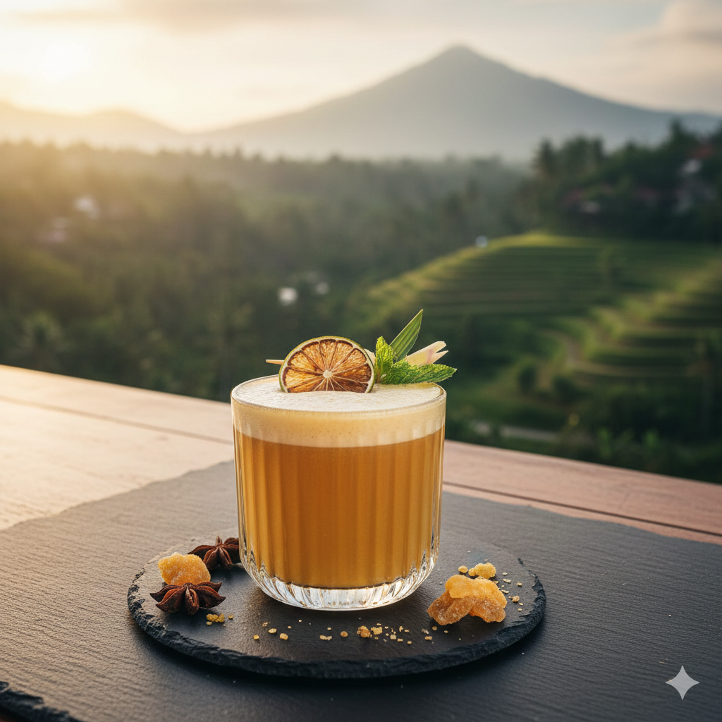 Freshly brewed Healing Ginger Jamu with golden amber color, infused with crushed ginger and natural spices, presented in a minimalist setting with warm lighting to reflect a healthy herbal lifestyle.