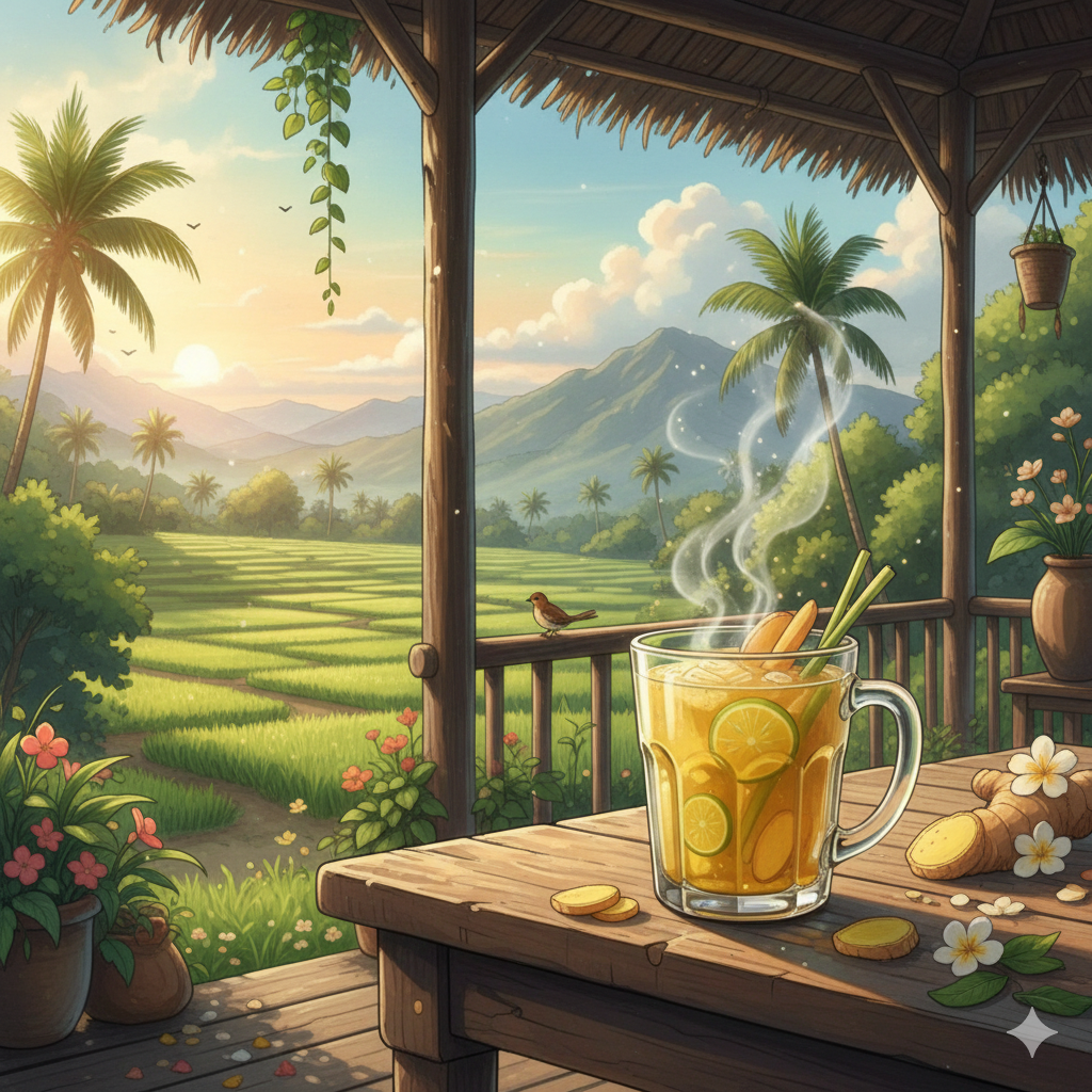 Cozy anime style illustration of Healing Ginger Jamu served in a ceramic cup with visible ginger slices and golden amber infusion, gentle steam rising, surrounded by fresh ginger roots, turmeric, and honey on a wooden table in a warm comforting indoor atmosphere.
