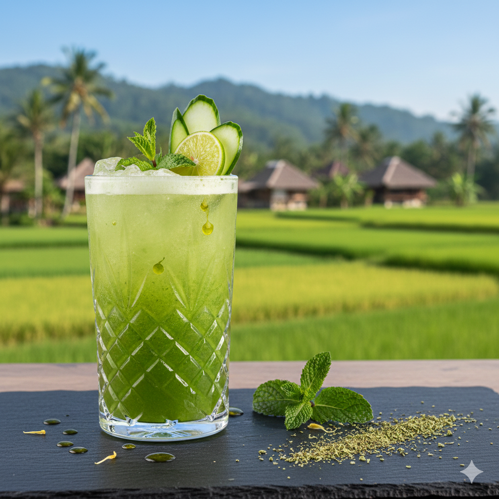 Premium styled cucumber juice with vibrant green clarity and light condensation on the glass, artfully presented on a minimalist table surface, featuring a gently blurred village scenery backdrop for a sophisticated culinary atmosphere.