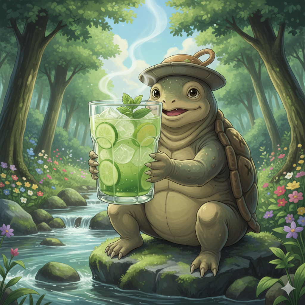 Detailed folklore inspired artwork of a Kappa perched on moss covered river stones, gently holding a glass of chilled cucumber juice with visible slices, surrounded by rippling water and lush riverside greenery in a traditional Japanese illustration style.