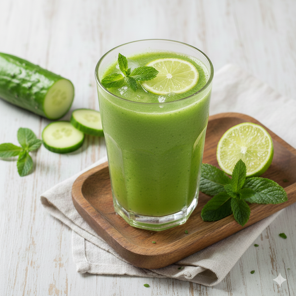 Refreshing Cucumber Juice flatlay photography for food blog thumbnail, showing a glass of green detox juice with fresh ingredients on a wooden texture.