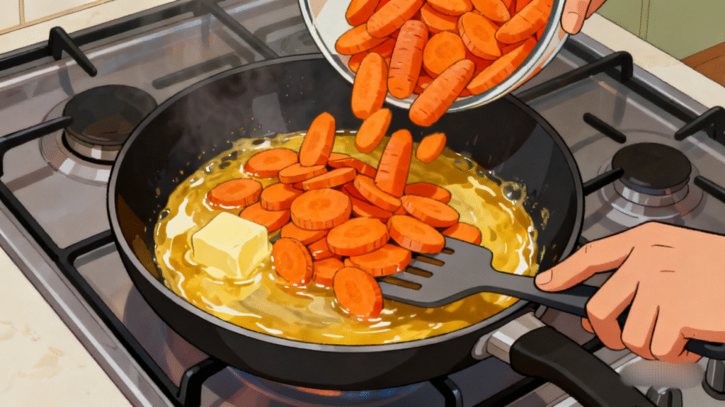 Sliced carrots simmering in a pan with butter, early cooking stage of sweet glazed carrots recipe
