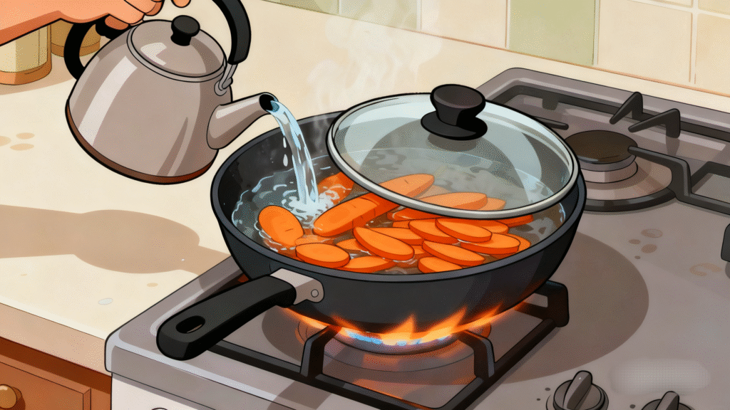 Sliced carrots simmering in a pan with butter, early cooking stage of sweet glazed carrots recipe