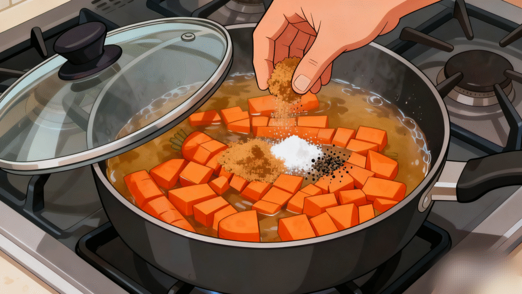 Brown sugar and seasoning added to carrots in skillet, creating a glossy glaze for sweet carrot side dish