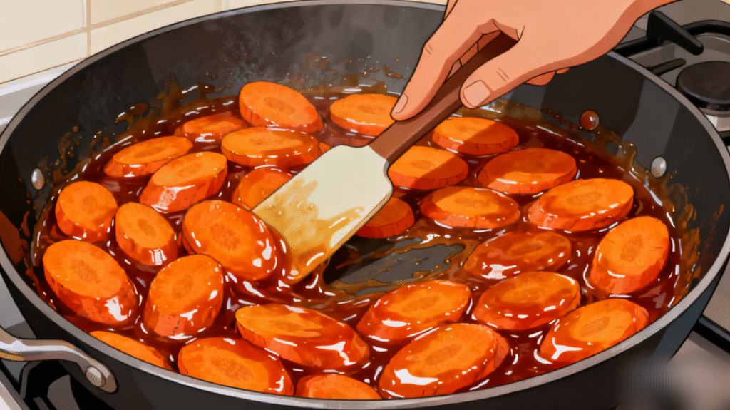 Carrots being stirred in thick shiny glaze, caramelizing evenly in pan for sweet glazed carrots