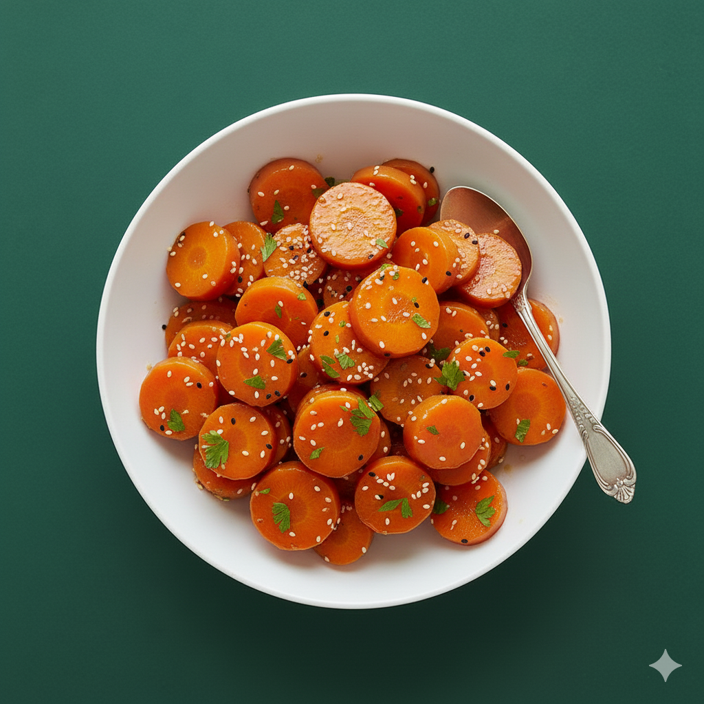 Top view of honey glazed carrots in a white bowl, professional food photography, minimalist green background, healthy side dish.