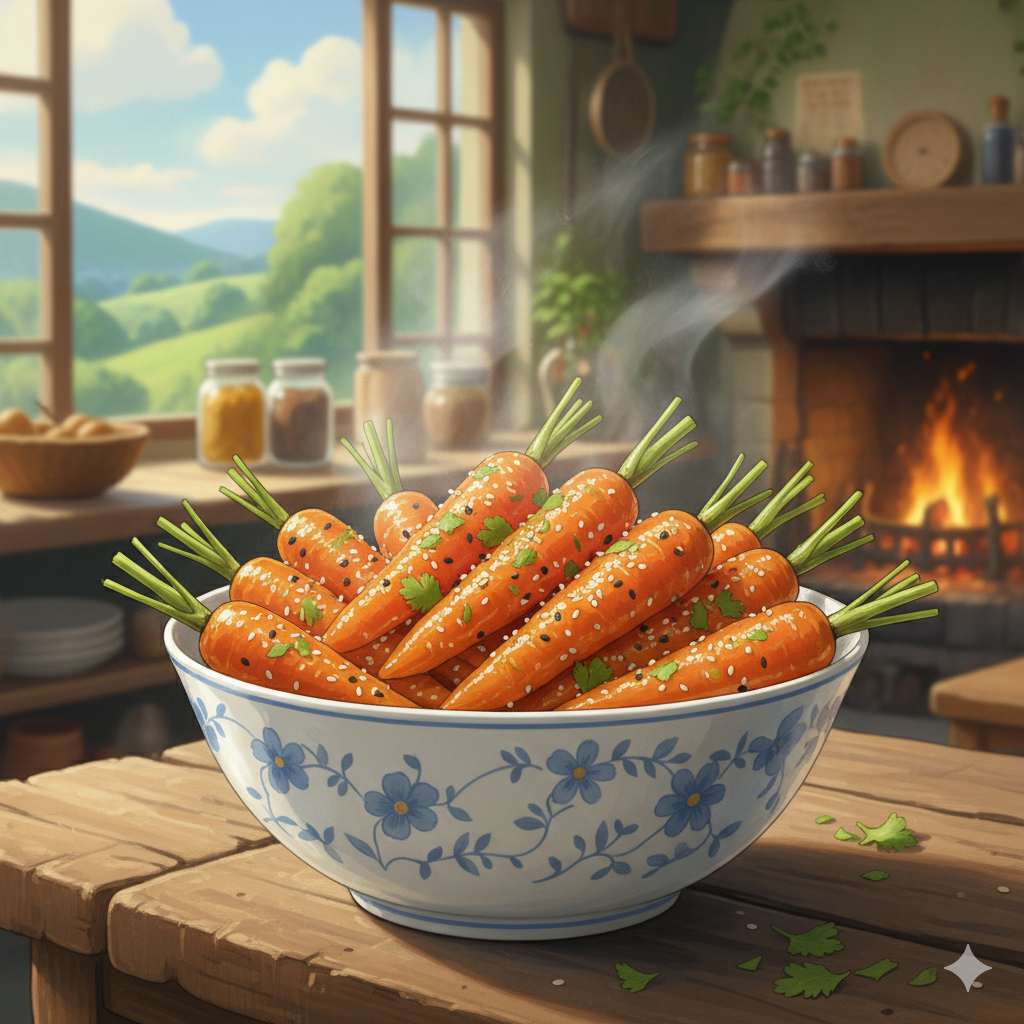 anime food art of glazed carrots, warm cozy atmosphere, hand-drawn aesthetic, delicious looking animated meal, 4k detail