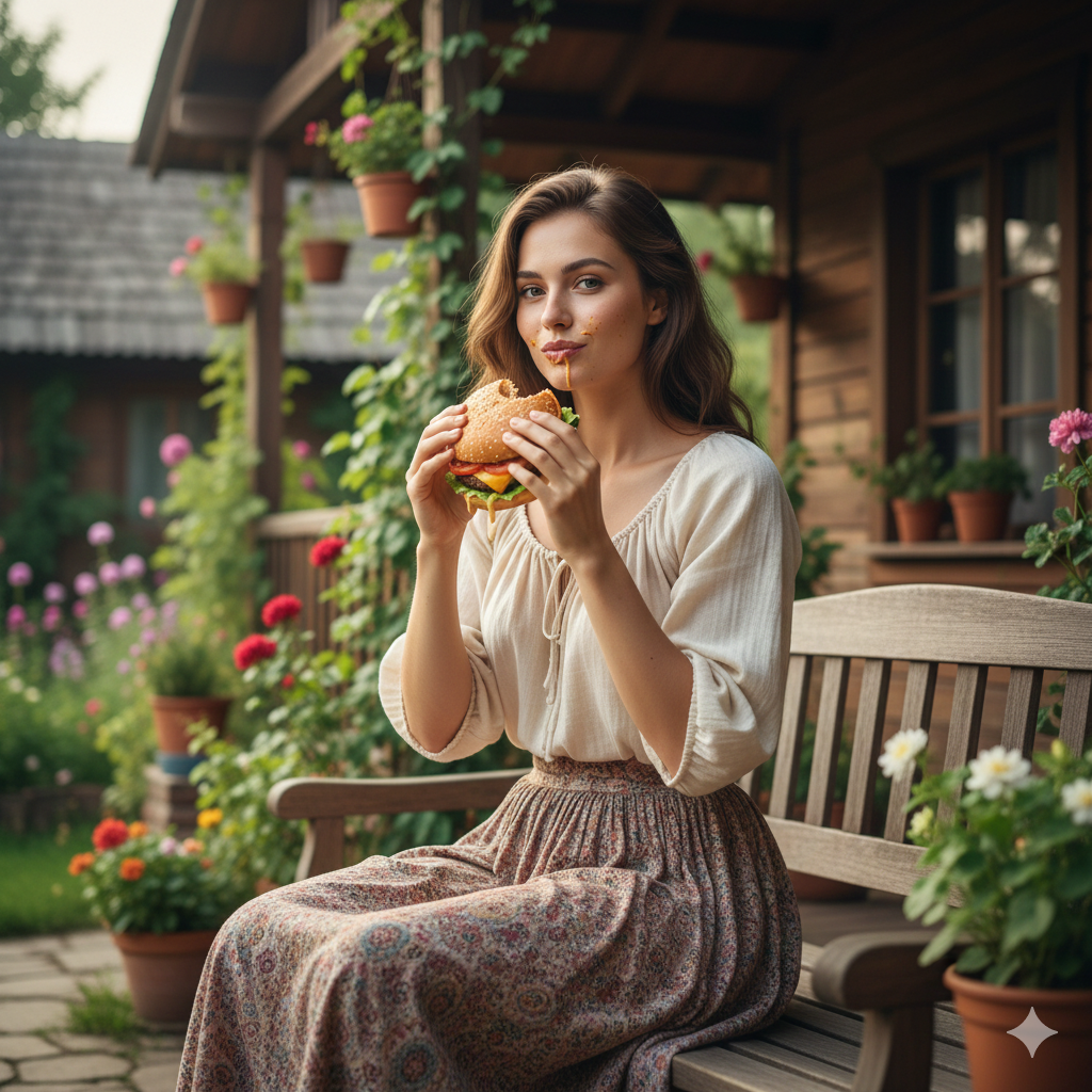Beautiful village girl enjoying a tasty homemade burger in front of a rustic countryside house, healthy lifestyle and natural beauty concept