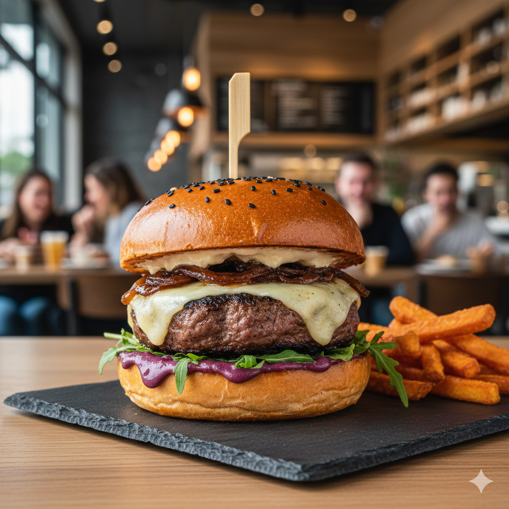Gourmet juicy homemade burger plated in a professional chef style, high-quality fast food photography with a restaurant background